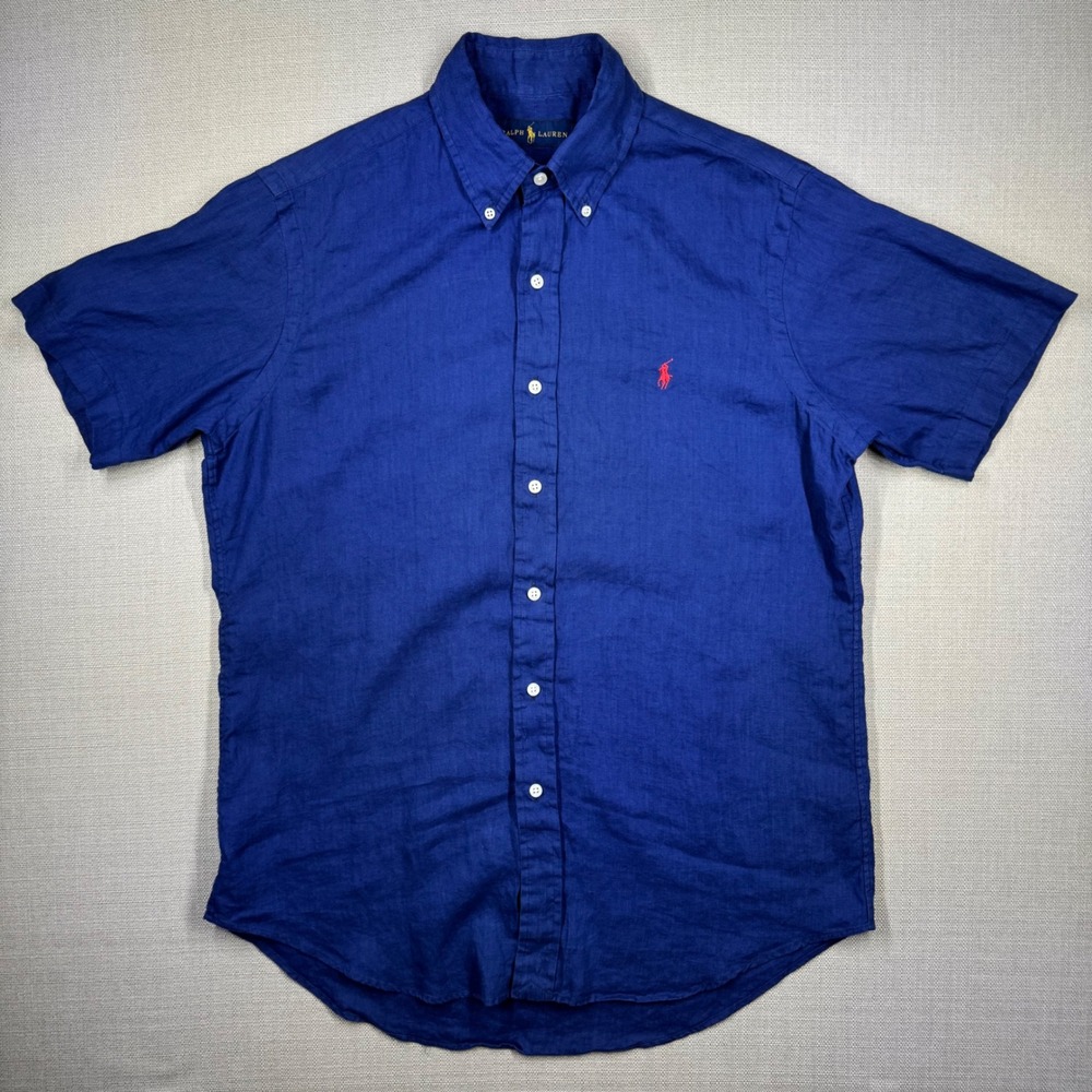 Polo Ralph Lauren Mens 100% Linen Royal Blue Short Sleeve Button Down Medium